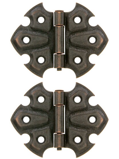 Pair of Ornamental Flush Mount Cabinet Hinges - 1 7/8 inch H x 2 1/2 inch W in Antique Copper.